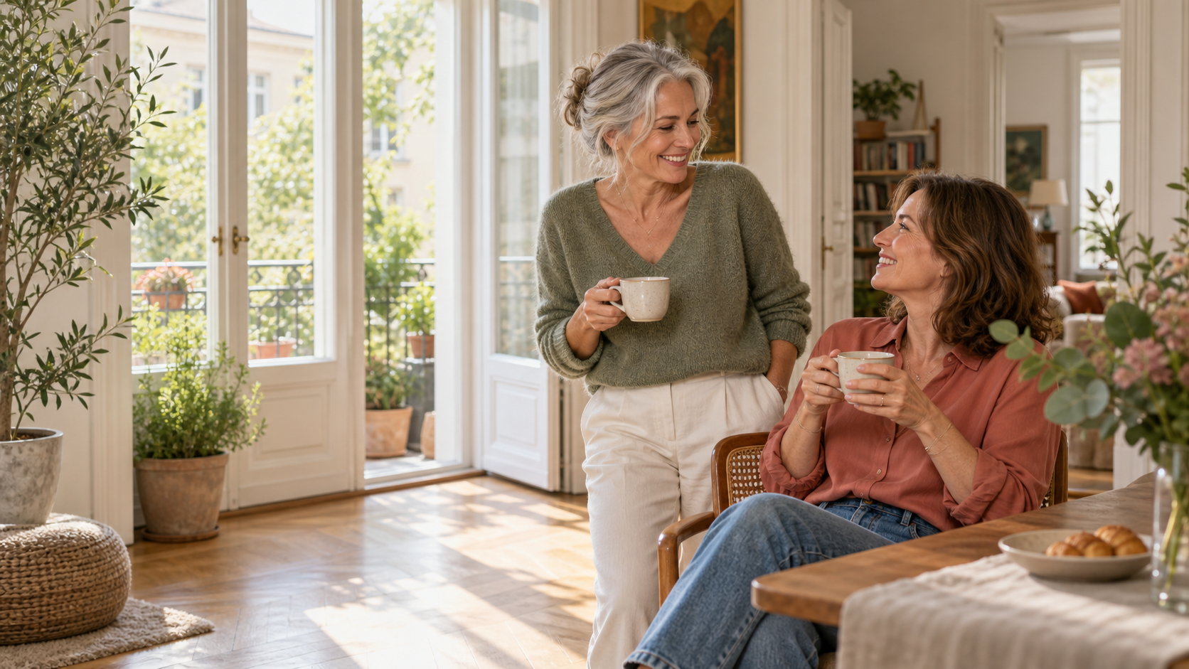 Zwei Freundinnen trinken Kaffee in einer hellen Wiener Wohnung